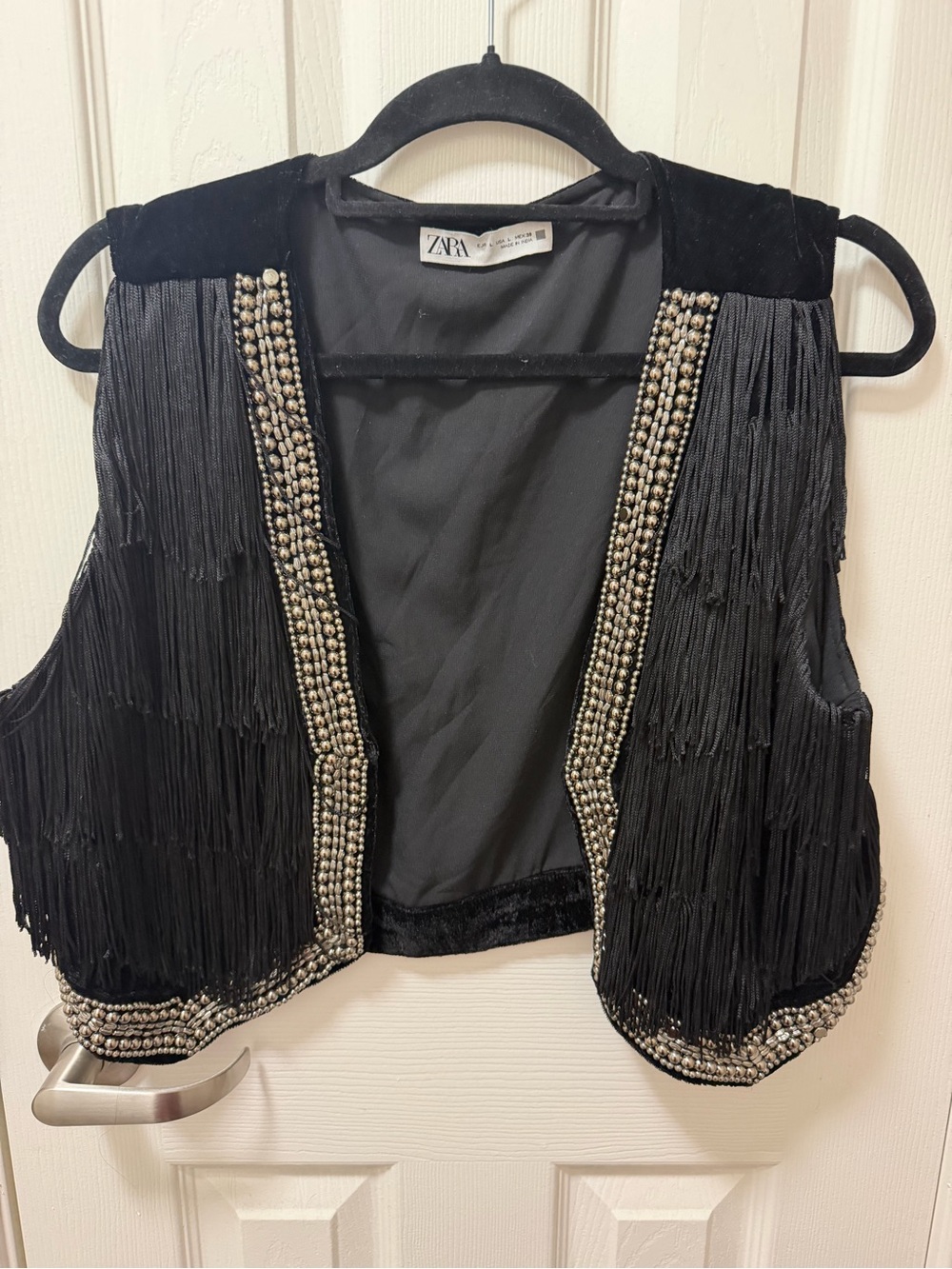 ZARA Black Fringe Vest with Silver Beaded Trim